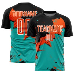 Aangepast zwart oranje-aqua Spalsh sublimatie voetbaltenue shirt Aangepast zwart oranje-aqua Spalsh sublimatie voetbaltenue shirt