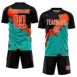 Aangepast zwart oranje-aqua Spalsh sublimatie voetbaltenue shirt Aangepast zwart oranje-aqua Spalsh sublimatie voetbaltenue shirt