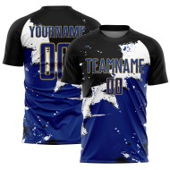 Op maat gemaakt zwart koninklijk-oudgoud Spalsh sublimatie voetbaltenue shirt