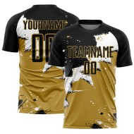 Aangepast zwart-wit-oudgoud Spalsh sublimatie voetbaltenue-shirt