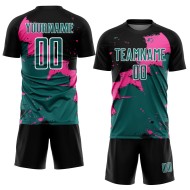 Op maat gemaakt zwart blauwgroen-roze Spalsh sublimatie voetbaltenue shirt Op maat gemaakt zwart blauwgroen-roze Spalsh sublimatie voetbaltenue shirt