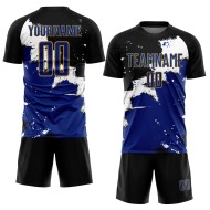 Op maat gemaakt zwart koninklijk-oudgoud Spalsh sublimatie voetbaltenue shirt Op maat gemaakt zwart koninklijk-oudgoud Spalsh sublimatie voetbaltenue shirt