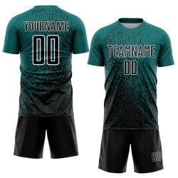 Aangepast Teal Zwart-Wit Abstract Fragment Art Sublimatie Voetbaluniform Jersey Aangepast Teal Zwart-Wit Abstract Fragment Art Sublimatie Voetbaluniform Jersey