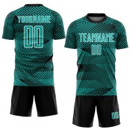 Aangepast Aqua Zwart-Wit Lijn Sublimatie Voetbaltenue Jersey Aangepast Aqua Zwart-Wit Lijn Sublimatie Voetbaltenue Jersey