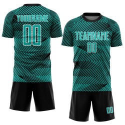 Aangepast Aqua Zwart-Wit Lijn Sublimatie Voetbaltenue Jersey Aangepast Aqua Zwart-Wit Lijn Sublimatie Voetbaltenue Jersey