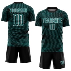 Aangepast Teal Zwart-Wit Lijn Sublimatie Voetbaltenue Jersey Aangepast Teal Zwart-Wit Lijn Sublimatie Voetbaltenue Jersey