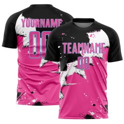 Aangepast zwart roze-lichtblauw Spalsh sublimatie voetbaltenue shirt