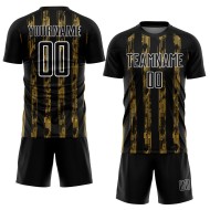 Op maat gemaakt zwart oud goud-wit lijn sublimatie voetbaltenue shirt Op maat gemaakt zwart oud goud-wit lijn sublimatie voetbaltenue shirt