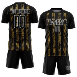 Op maat gemaakt zwart oud goud-wit lijn sublimatie voetbaltenue shirt Op maat gemaakt zwart oud goud-wit lijn sublimatie voetbaltenue shirt