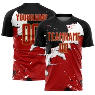 Aangepast zwart rood-oud goud spalsh sublimatie voetbaltenue shirt